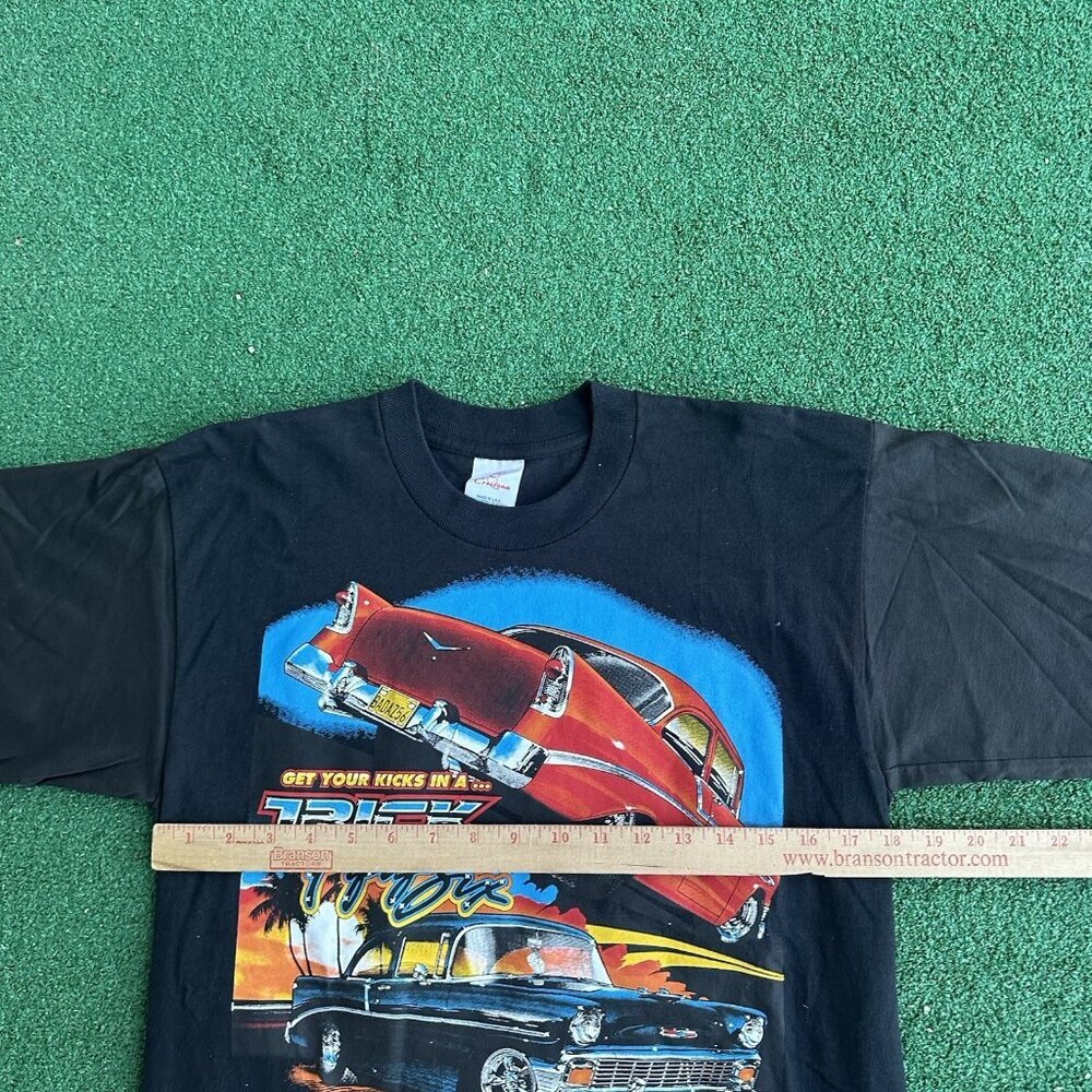 Vtg Airways Chevrolet Mens L Black Tee Get Your Kicks In A Trick Fifty Six - Picture 8 of 9
